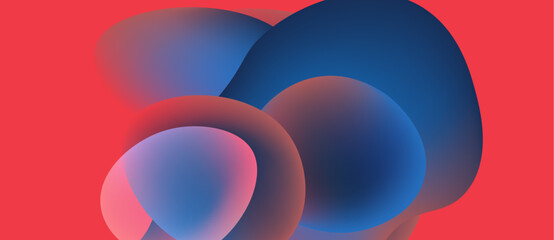 Abstract shapes overlap, creating vibrant color blends. Red background contrasts with blue tones, forming fluid design.