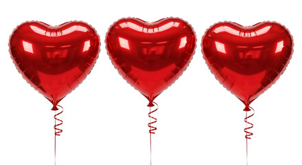 Three red heart shaped balloons isolated on transparent background