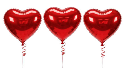 Three red heart shaped balloons isolated on transparent background