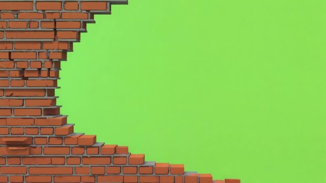 Dynamic brick wall shattering, revealing bright green screen background