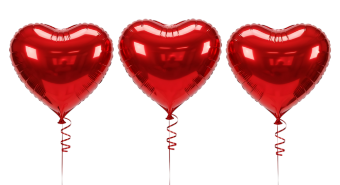 Three red heart shaped balloons isolated on transparent background