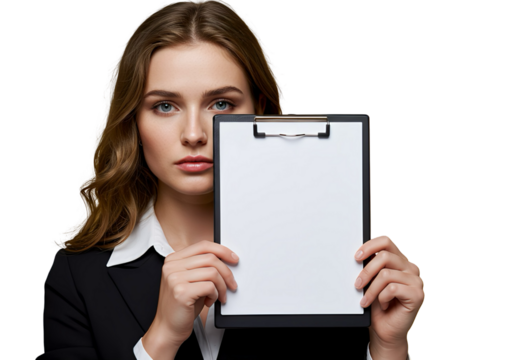 A businesswoman showing blank paper in clipboard on transparent background.