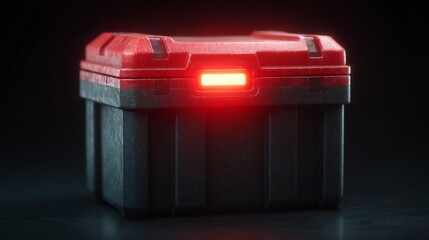Mystery Crate: A rugged red and gray container, illuminated by an internal red light, sitting in a dimly lit setting, representing suspense and enigma.