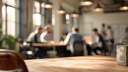 Blurred office interior with people at tables and a plant on a wooden surface in the foreground