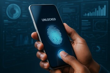 Person unlocking smartphone using fingerprint scanner with futuristic biometric technology interface on abstract digital background. Ai generative. Ai generative