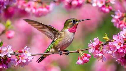 Fototapeta premium Hummingbird feeding gently on vibrant pink blossoms