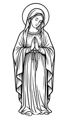 Black line art of the Virgin Mary in prayer, with a halo. Serene depiction of faith, devotion, and spirituality. Ideal for religious themes.