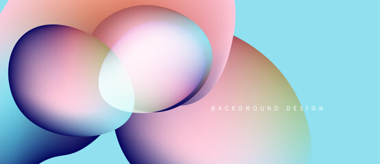 Abstract fluid shapes overlap, creating vibrant color gradients. Soft blues, pinks, oranges blend seamlessly. Modern design element.