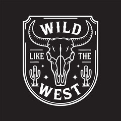 Vintage white bull skull emblem with cacti and text on black background western wild west
