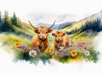 Fluffy highland cows, mother and calf, in a vibrant flower meadow with a beautiful watercolor mountain background.