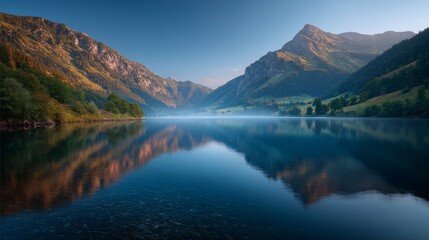 Naklejka premium Mirror Reflection: A stunning vista unfolds, mirroring the grandeur of the majestic mountains and sky in the tranquil waters of the lake.