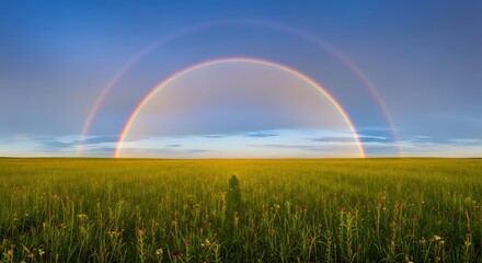 Naklejka premium Double rainbow arches over a vibrant green meadow under a clear blue sky, evoking hope and wonder