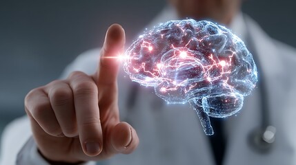 Doctor touching glowing holographic brain with electrical impulses and connections