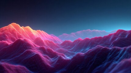 Vibrant Mountain Ridge in Neon Hues: A stunning digital illustration showcases a neon-colored mountain range under a gradient sky, featuring abstract textures and otherworldly landscapes. 