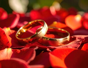 Elegant Gold Wedding Rings Nestled on Vibrant Rose Petals