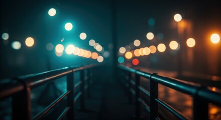 Bokeh lights over a bridge in the fog