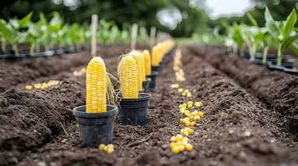 Rows of young corn plants, with corn cobs in small pots, planted in the soil.  The soil is dark brown and appears well-maintained.  Tiny kernels are sprinkled around the plants