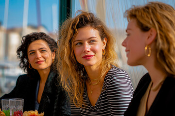 Group of young women talking and smiling at outdoor café  