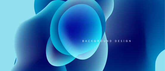 Abstract blue shapes overlap, creating fluid dynamic background. Gradient colors suggest depth, modern design aesthetic.