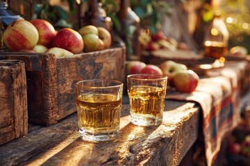 Fresh Apple Cider in Glasses with Rustic Wooden Background