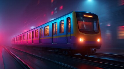 Naklejka premium Subway Train in Tunnel: An impressive high-speed train rushes through a vibrant, illuminated tunnel, its lights reflecting off the sleek metallic structure.