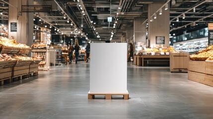 White blank sign stands on a wooden pallet in the middle of a grocery store aisle with produce