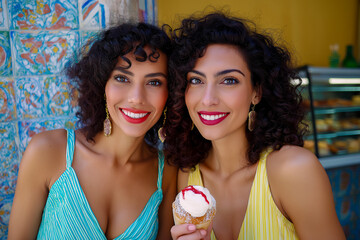 Two young Italian women smiling while holding ice cream in vibrant cafe  