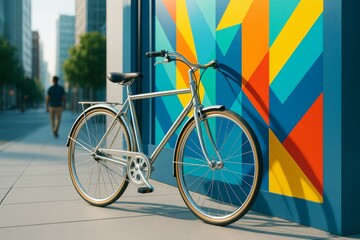 Fototapeta premium Urban bicycle leaning on colorful abstract wall in city street with soft daylight and pedestrian in background, symbolizing modern transport concepts. Ai generative