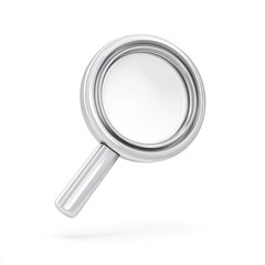 A shiny silver magnifying glass with a round lens and handle on a plain white background studio shot