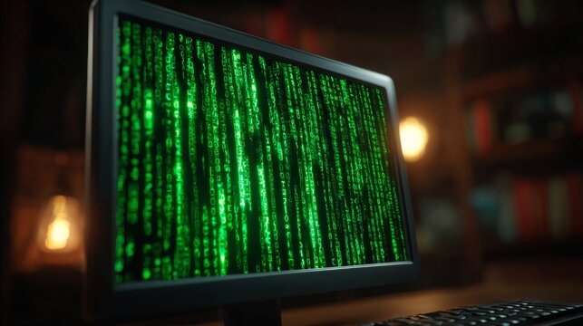 Digital Realm: The illuminated screen of a computer displays a captivating cascade of green digital code, set against a backdrop of soft lighting and an enigmatic aesthetic.  - Powered by Adobe