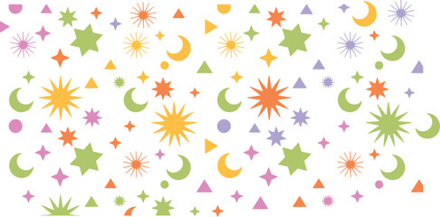 Colorful Baby Sky Pattern with Stars, Moon, and Sun  Vector Illustration