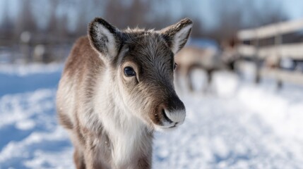 Young reindeer calf enjoying winter in snowy landscape