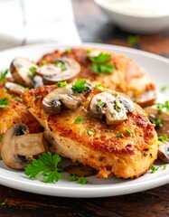 Crispy chicken breasts with mushrooms, garnished with parsley