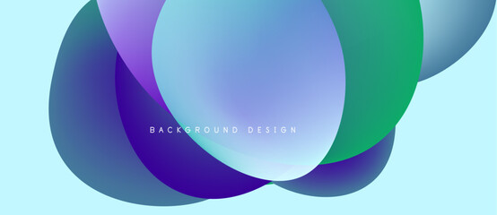 Abstract fluid shapes overlap, creating vibrant color gradients. Light blue background complements purple, green hues. Modern design element.
