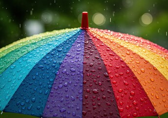 A colorful rainbow umbrella covered in glistening raindrops
