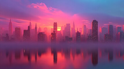 Obraz premium City Skyline in Dusk: A picturesque city skyline emerges at dusk, its silhouette delicately painted against a canvas of vibrant hues, mirrored in the tranquil waters below.