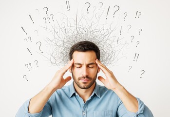 Fototapeta na wymiar Thoughtful man with closed eyes touching temples, surrounded by scribbles and question marks on a light background, symbolizing confusion concept.