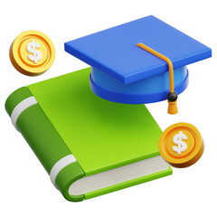Education meets finance, depicted by a mortarboard, a textbook and dollar coins, symbolizing the cost of learning, the value of education. 