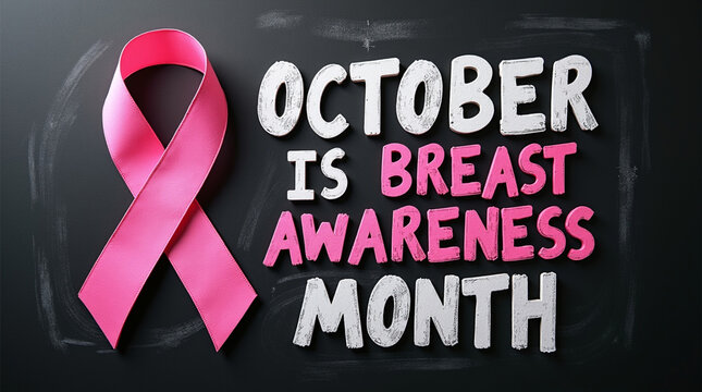October is breast cancer awareness month, a pink ribbon on a dark background symbolizes the fight against breast cancer and the importance of early detection and support