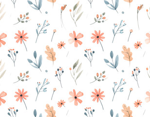Seamless spring floral pattern with pink tulips, green leaves, and natural decoration
