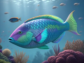 Naklejka premium Vibrant rainbow parrotfish swims gracefully through a sunlit coral reef
