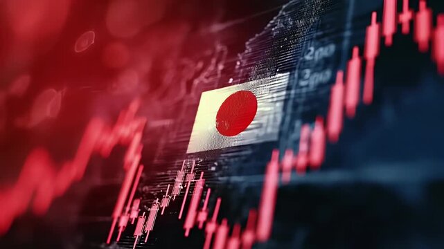 A red stock market graph with the Japanese flag on it, set against a blurred background.
