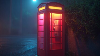 Red Telephone Box in Misty Night: A classic red telephone box stands illuminated against a moody, misty night. The scene evokes a sense of nostalgia, solitude, and urban mystery.