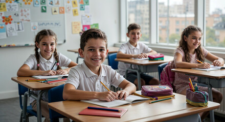 Smiling school children sitting at desks in bright modern classroom