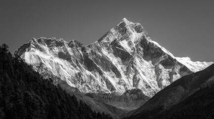Obraz premium Monochromatic mountain peak, snow-capped, surrounded by dark forests