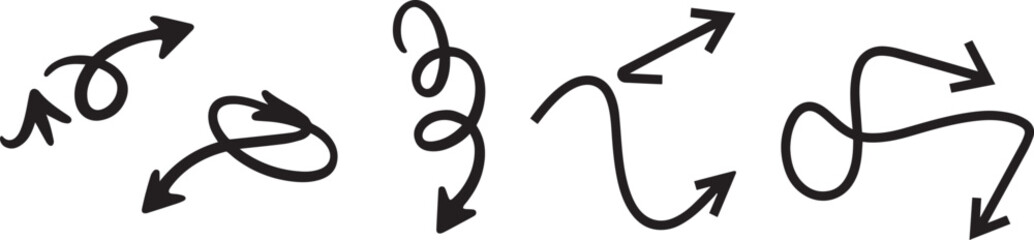  black Curved arrows. hand drawn arrows . set of spiral arrow. transparent vector aer