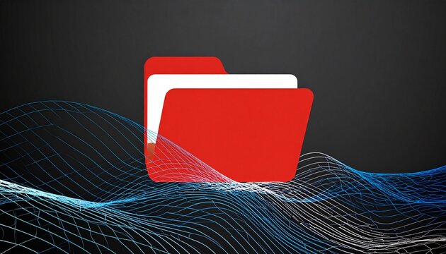 Red folder icon symbolizing data storage and digital archives, set against a modern background of abstract blue energy waves.