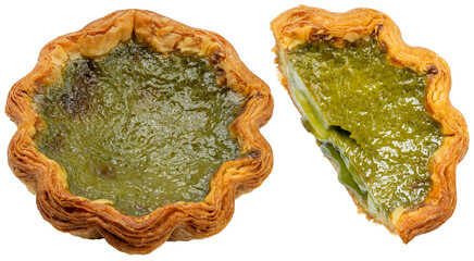 Freshly baked Egg tart in black plate on white background, Egg tart in black plate on white PNG file.