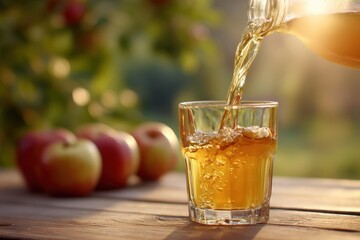 Freshly Poured Apple Juice in Glass with Apples and Natural Light