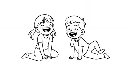 Charming Black and White Illustration of Laughing Children Sitting Joyfully Together With Clean Line Art in a Simplistic Design Against a White Background